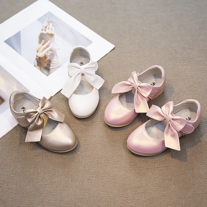 Girls White Leather Shoes with Big Bow-knot Princess Sweet Classic Fashion Children Party Shoes for Wedding Soft Anti-slippery