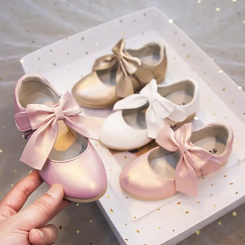 Girls White Leather Shoes with Big Bow-knot Princess Sweet Classic Fashion Children Party Shoes for Wedding Soft Anti-slippery