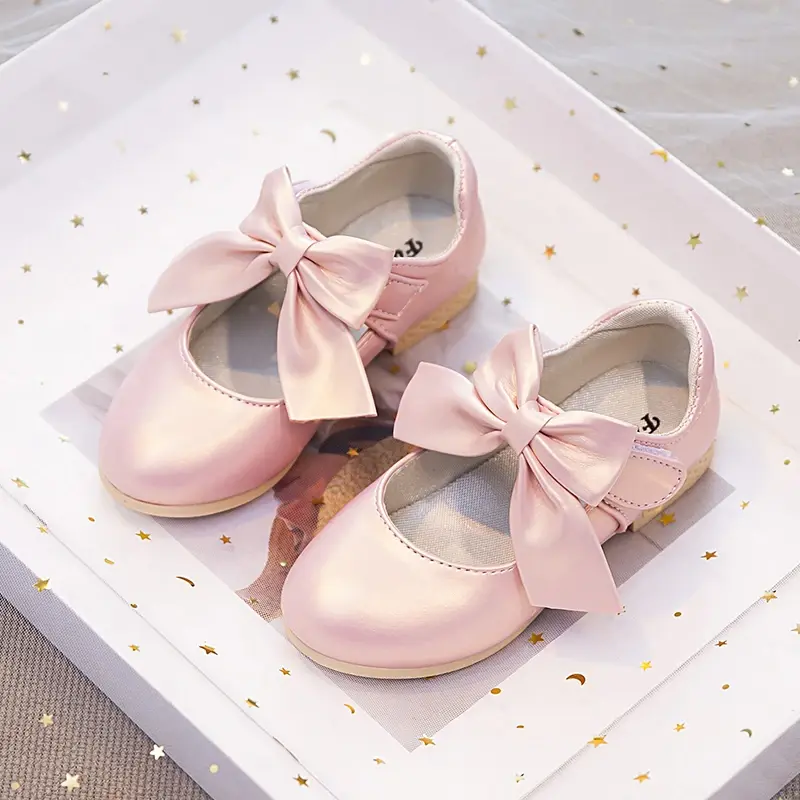 Girls White Leather Shoes with Big Bow-knot Princess Sweet Classic Fashion Children Party Shoes for Wedding Soft Anti-slippery