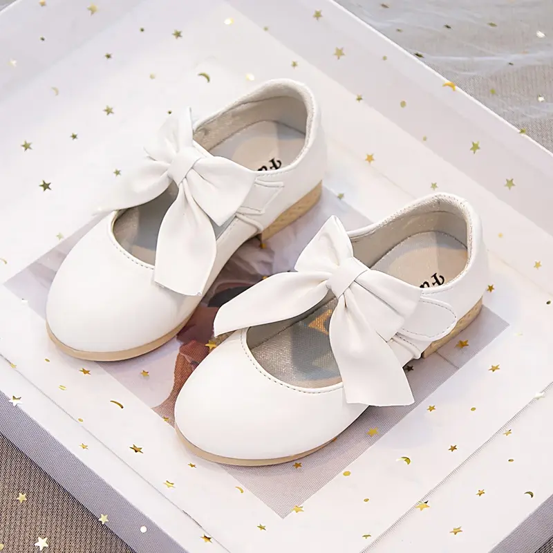 Girls White Leather Shoes with Big Bow-knot Princess Sweet Classic Fashion Children Party Shoes for Wedding Soft Anti-slippery
