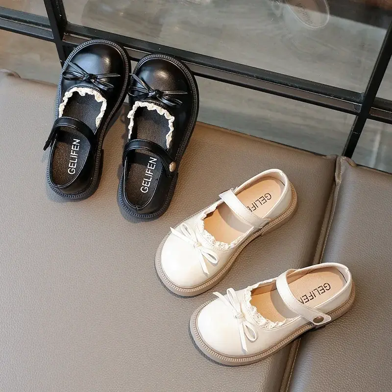 New Girls Princess Leather Shoes Black Lolita Children's Flats Sweet Chic Lace Kids Causal Shoes School Soft Bottom Versatile