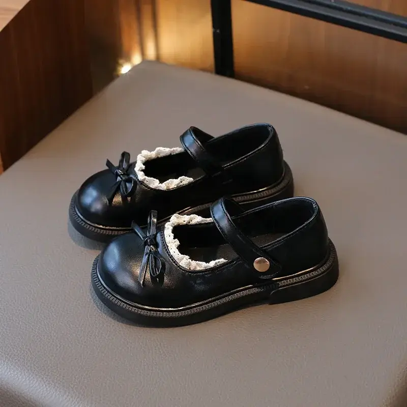 New Girls Princess Leather Shoes Black Lolita Children's Flats Sweet Chic Lace Kids Causal Shoes School Soft Bottom Versatile