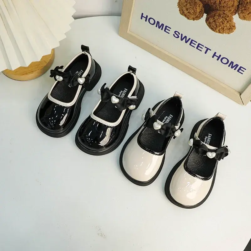 Spring Autumn Kids Mary Jane Shoes Classic Love Bowtie Black Girls Leather Shoes Sweet Lolita Children Princess Shoes Fashion