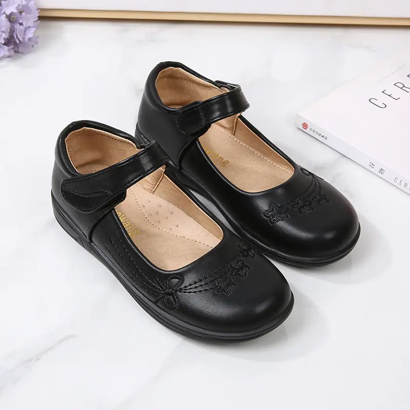 Girls Black Leather Shoes for Students Performance Children Glossy Black Uniform School Shoes Kids Versatile Soft Hook & Loop