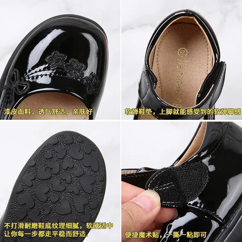 Girls Black Leather Shoes for Students Performance Children Glossy Black Uniform School Shoes Kids Versatile Soft Hook & Loop
