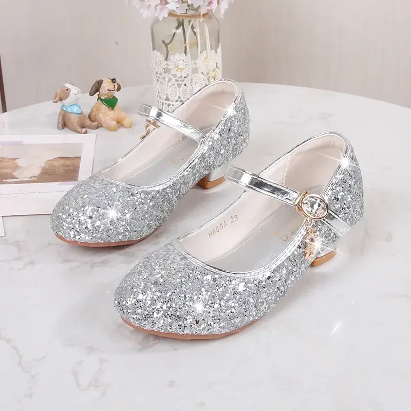 Girl's High Heel Shoes Sequins Versatile Children's Leather Shoes Princess Wedding Party Versatile Kids Causal Dresses Shoes