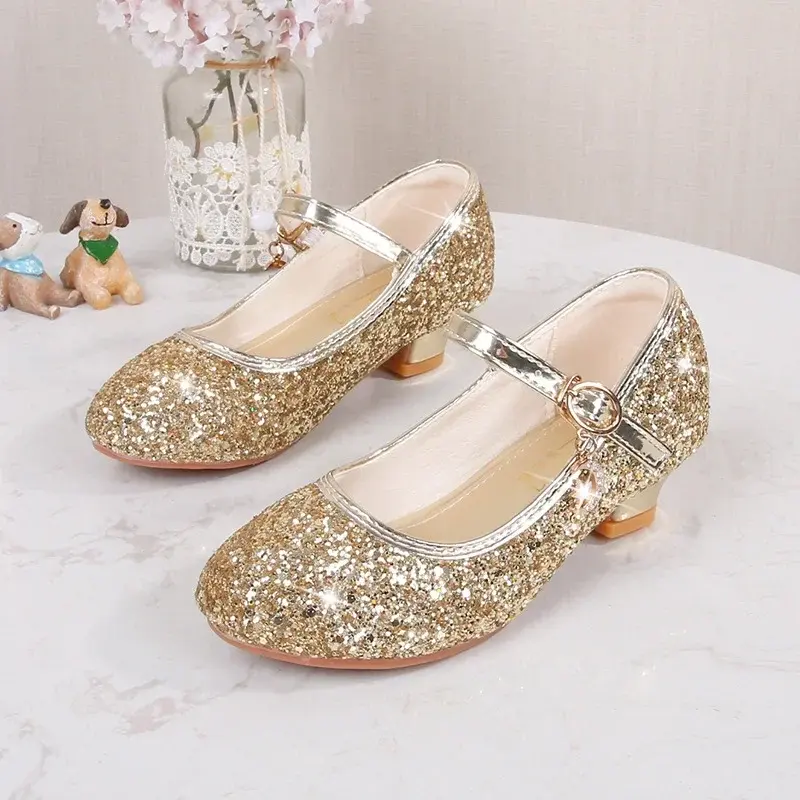 Girl's High Heel Shoes Sequins Versatile Children's Leather Shoes Princess Wedding Party Versatile Kids Causal Dresses Shoes