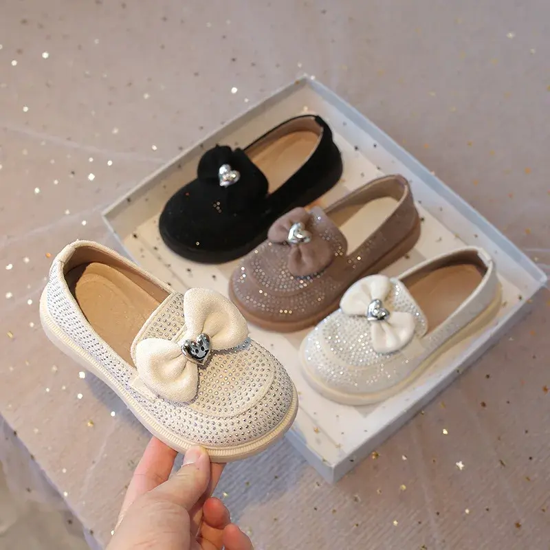 Girls Casual Shoes for Medium Big Kids Fashion Bow-know with Heart Princess Sweet Bling Rivets Sweet Children Loafers Slip-on
