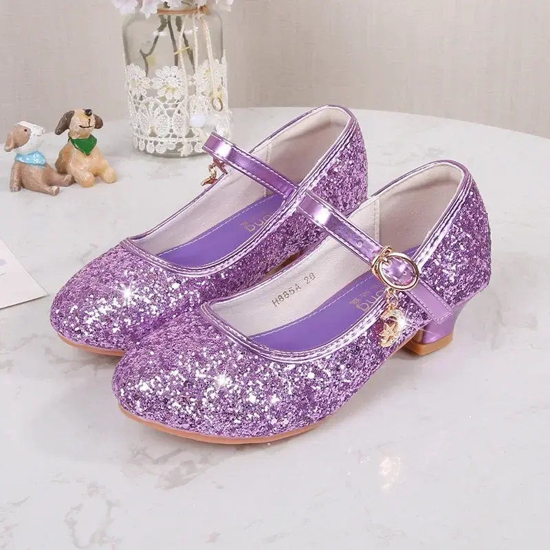 Girl's High Heel Shoes Sequins Versatile Children's Leather Shoes Princess Wedding Party Versatile Kids Causal Dresses Shoes