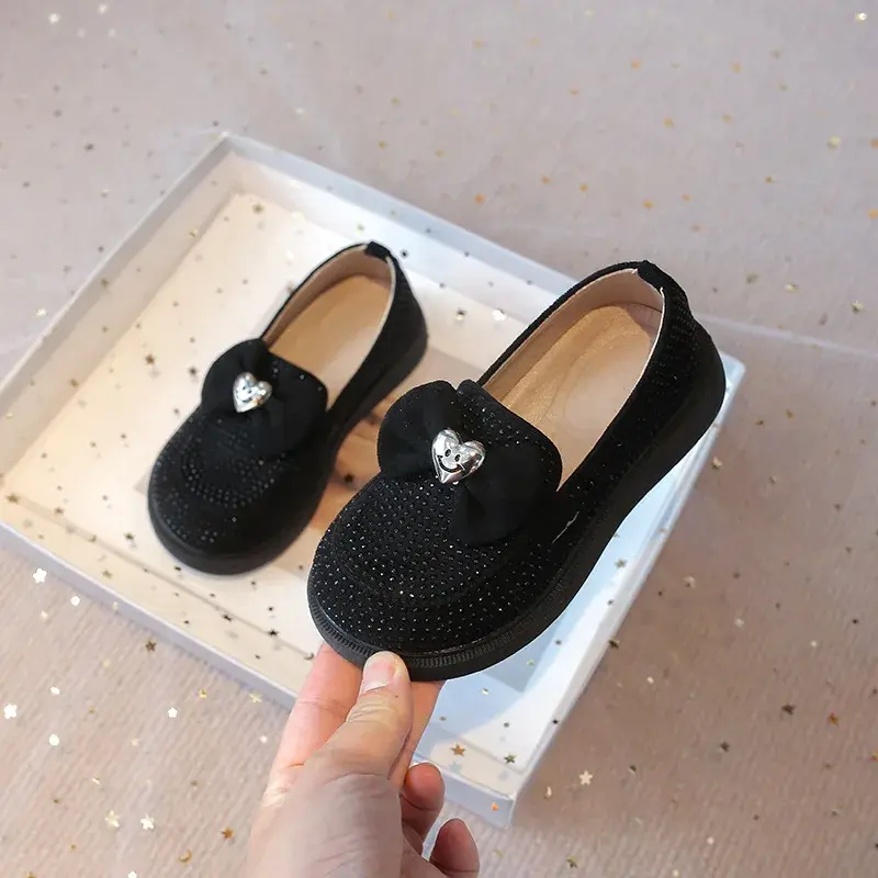 Girls Casual Shoes for Medium Big Kids Fashion Bow-know with Heart Princess Sweet Bling Rivets Sweet Children Loafers Slip-on