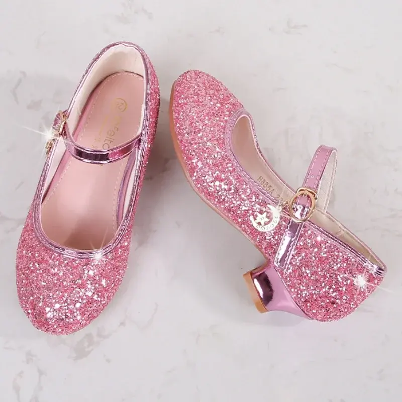 Girl's High Heel Shoes Sequins Versatile Children's Leather Shoes Princess Wedding Party Versatile Kids Causal Dresses Shoes