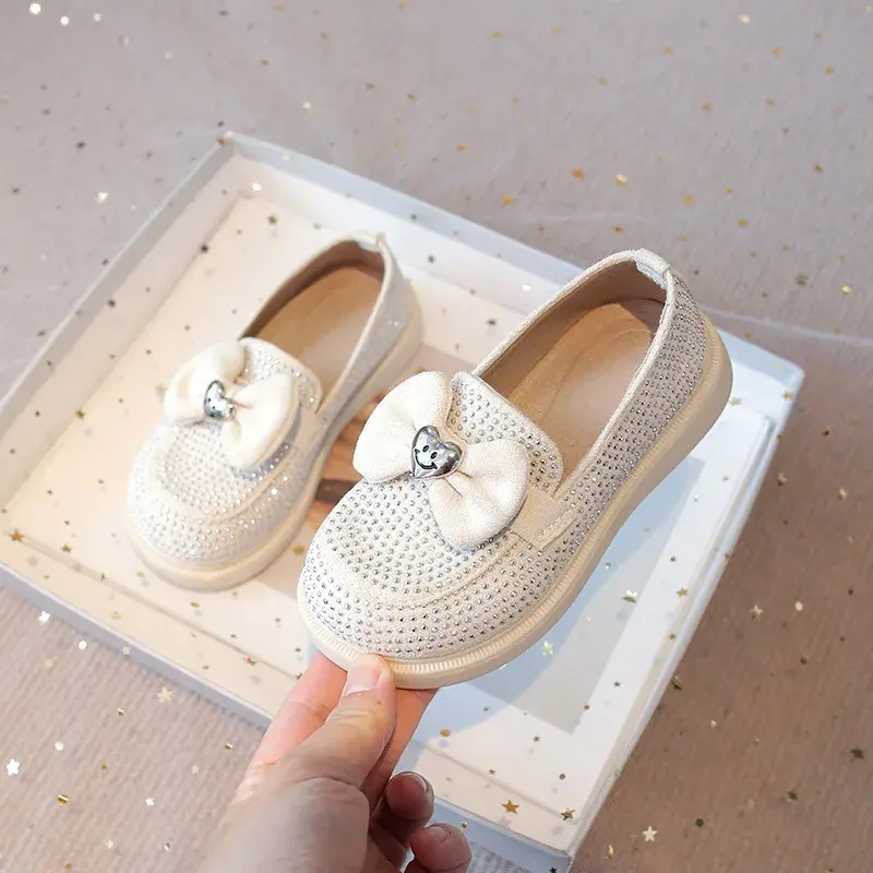 Girls Casual Shoes for Medium Big Kids Fashion Bow-know with Heart Princess Sweet Bling Rivets Sweet Children Loafers Slip-on