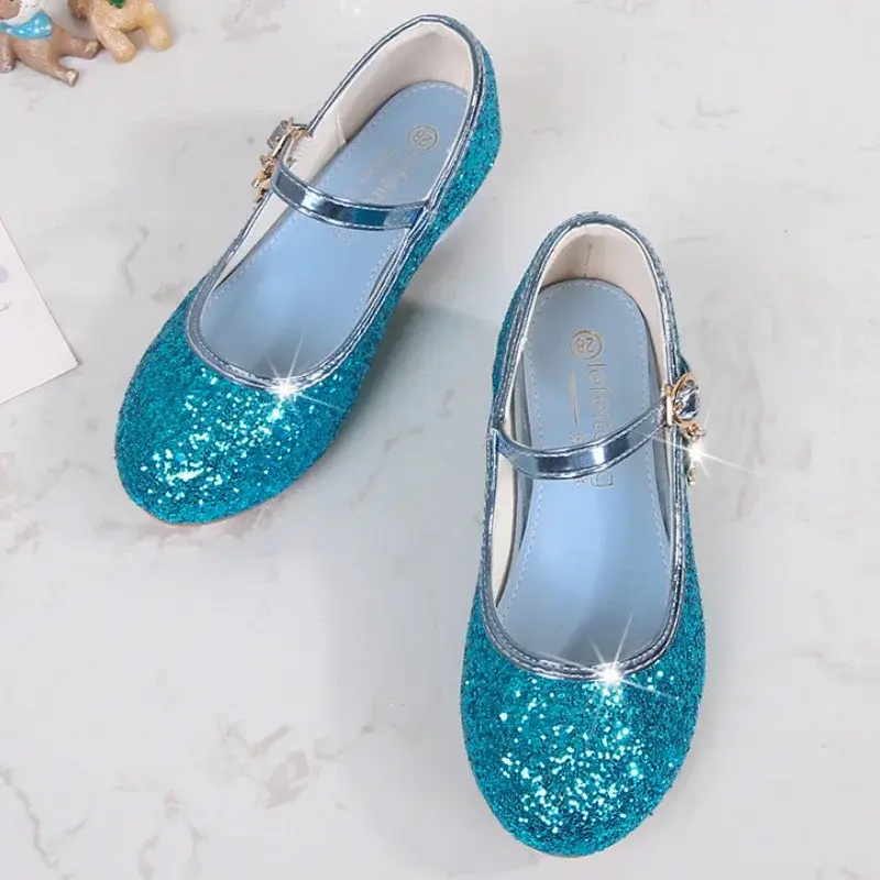 Girl's High Heel Shoes Sequins Versatile Children's Leather Shoes Princess Wedding Party Versatile Kids Causal Dresses Shoes