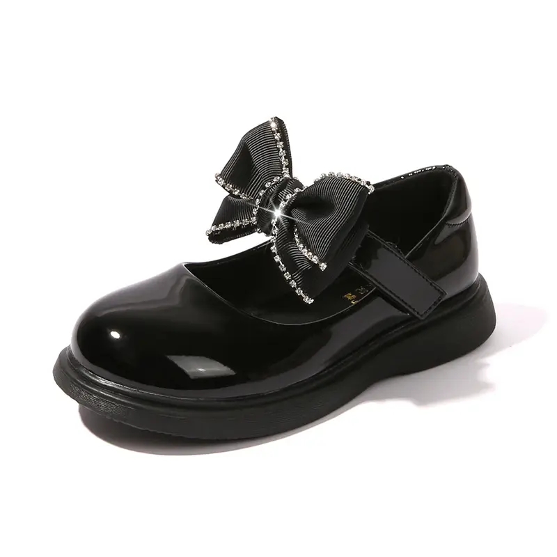 2023 Spring Children School Shoes Round-toe Versatile Soft Girls Loafers Black Uniform Bow Elegant Kids Shoes Drop Shipping PU