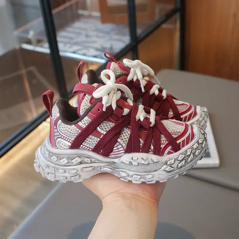 New Children's Sneakers Boys Girls Versatile Toddlers Causal Shoes Fashion Chunky Non-slip Kids School Running Sneakers Wine Red