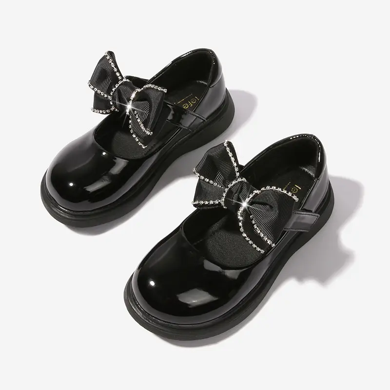 2023 Spring Children School Shoes Round-toe Versatile Soft Girls Loafers Black Uniform Bow Elegant Kids Shoes Drop Shipping PU