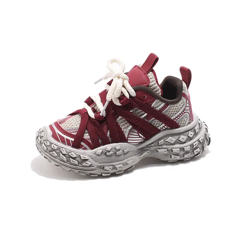 New Children's Sneakers Boys Girls Versatile Toddlers Causal Shoes Fashion Chunky Non-slip Kids School Running Sneakers Wine Red