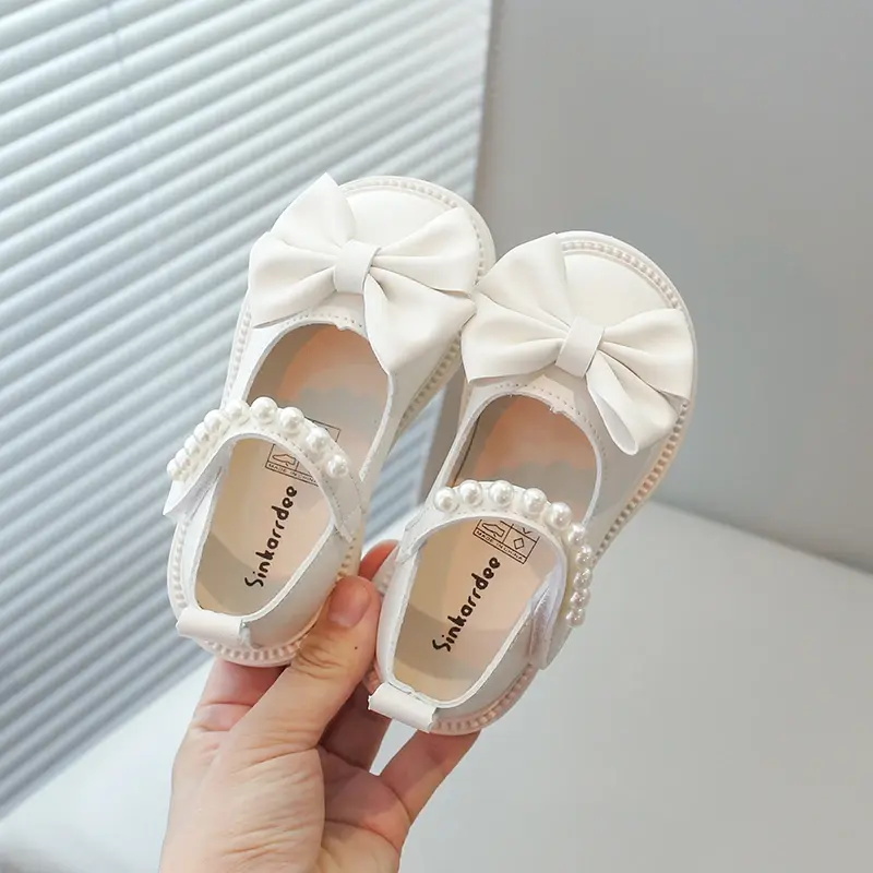 Girls Casual Shoes Kids PU Leather Shoes with Beads Bow-knot Sweet Cute Fashion Princess Children Wedding Dress Party Flats Soft