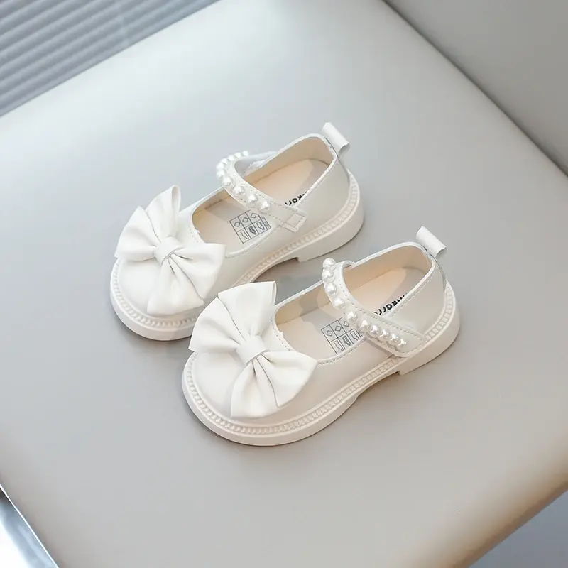 Girls Casual Shoes Kids PU Leather Shoes with Beads Bow-knot Sweet Cute Fashion Princess Children Wedding Dress Party Flats Soft