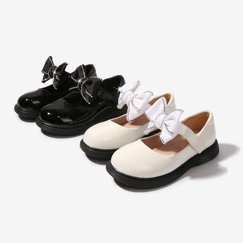 2023 Spring Children School Shoes Round-toe Versatile Soft Girls Loafers Black Uniform Bow Elegant Kids Shoes Drop Shipping PU