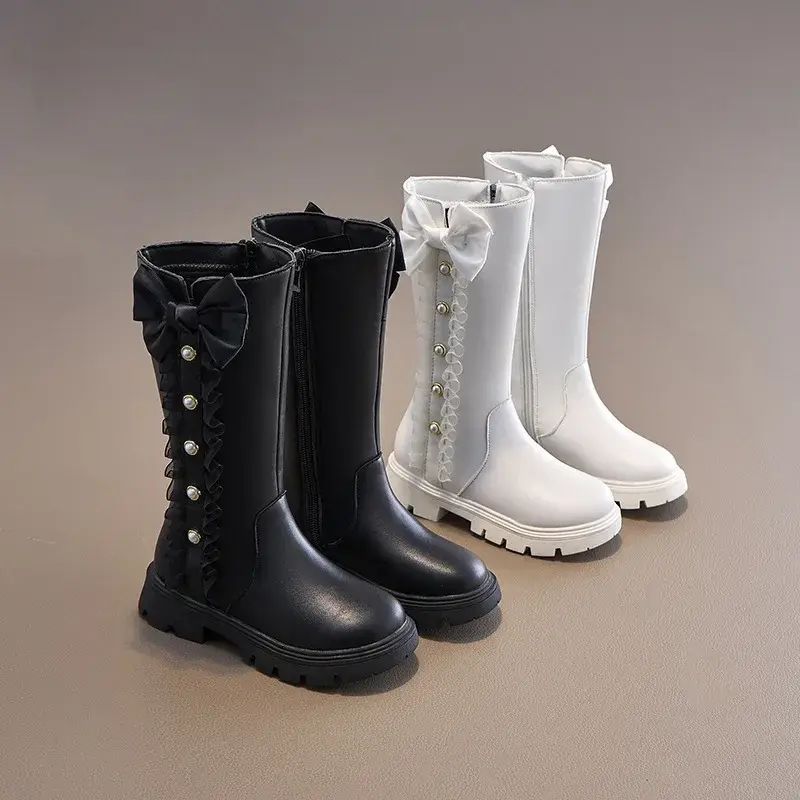 2025 Children High Boots for Girls Autumn New Chic Beading Sweet Bowtie Anti-slippery Elegant Lace Anti-slippery Leather Shoes