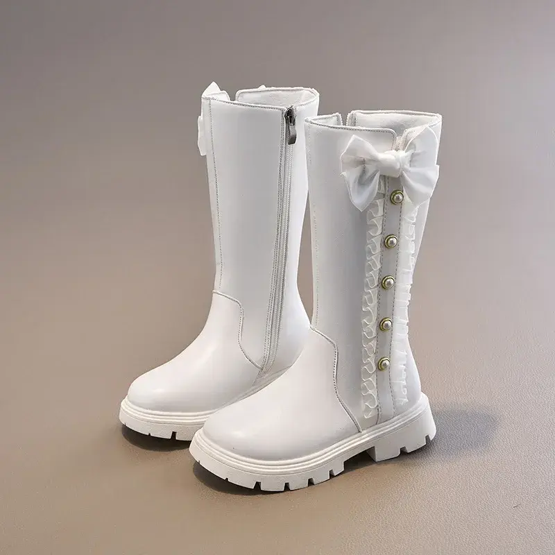 2025 Children High Boots for Girls Autumn New Chic Beading Sweet Bowtie Anti-slippery Elegant Lace Anti-slippery Leather Shoes
