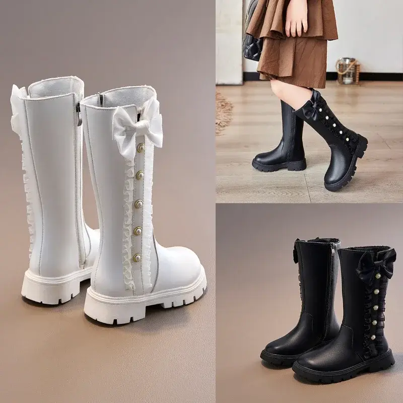 2025 Children High Boots for Girls Autumn New Chic Beading Sweet Bowtie Anti-slippery Elegant Lace Anti-slippery Leather Shoes