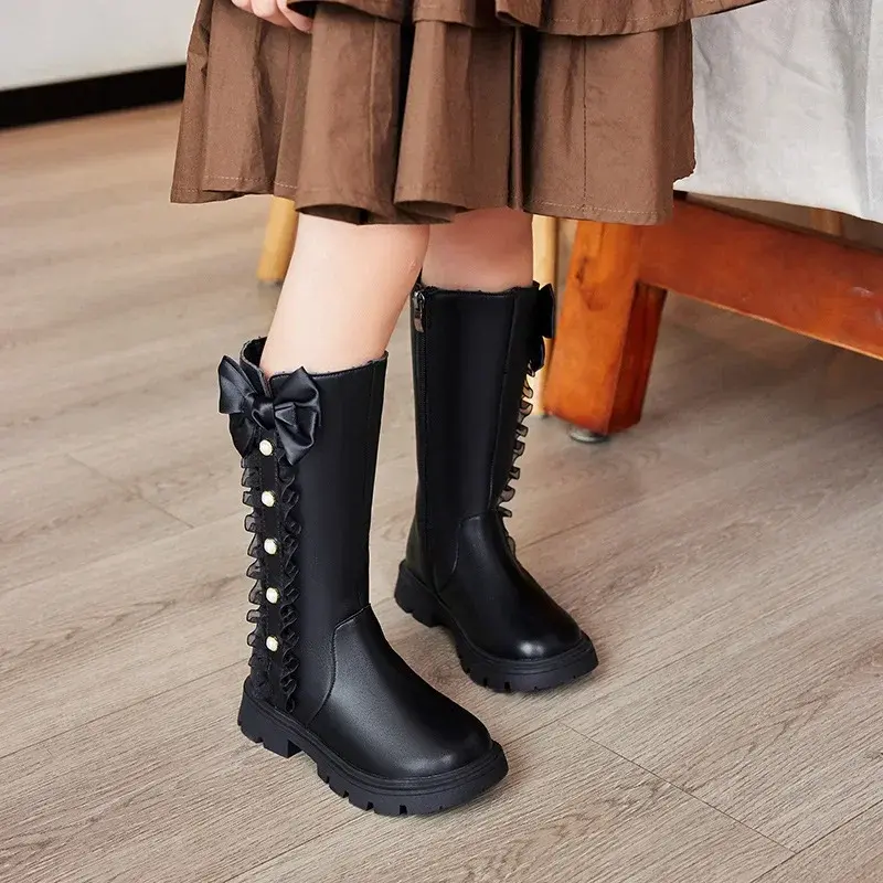 2025 Children High Boots for Girls Autumn New Chic Beading Sweet Bowtie Anti-slippery Elegant Lace Anti-slippery Leather Shoes