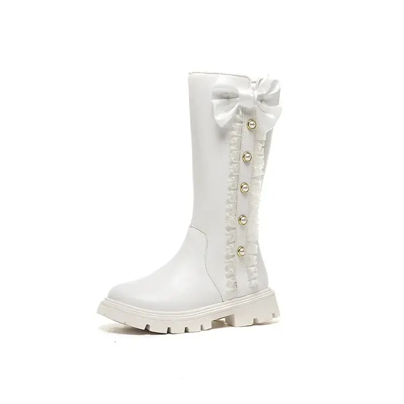 2025 Children High Boots for Girls Autumn New Chic Beading Sweet Bowtie Anti-slippery Elegant Lace Anti-slippery Leather Shoes