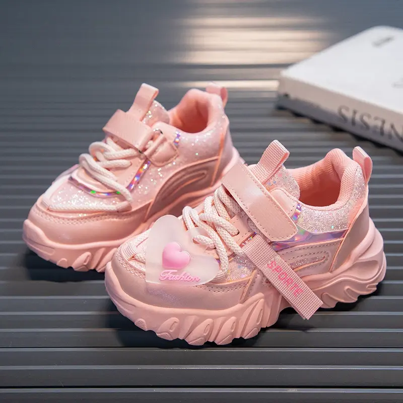 Girls Sports Shoes Kids Running Sneakers for School Fashion Cute Shiny Non-slip Children's Casual Shoes with Heart Spring Autumn