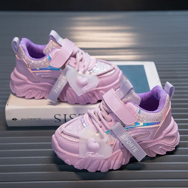 Girls Sports Shoes Kids Running Sneakers for School Fashion Cute Shiny Non-slip Children's Casual Shoes with Heart Spring Autumn