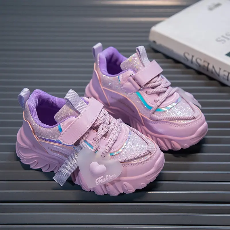 Girls Sports Shoes Kids Running Sneakers for School Fashion Cute Shiny Non-slip Children's Casual Shoes with Heart Spring Autumn