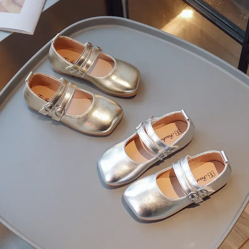 Children's Leather Shoes Spring Autumn Fashion Kids Performance Shoes Solid Color Gold Silver Girls Causal Flats Single Shoes