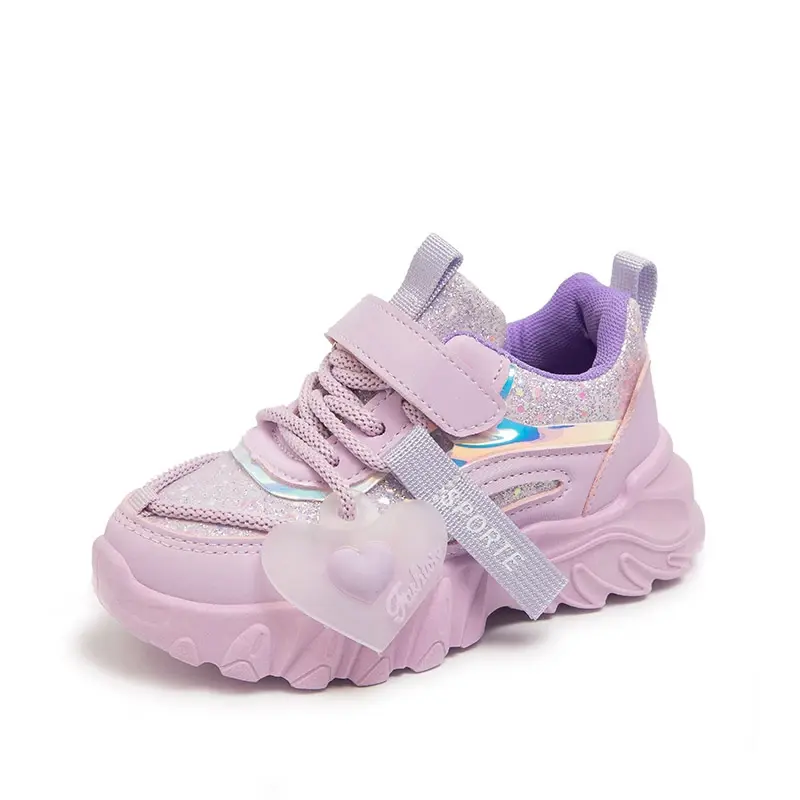 Girls Sports Shoes Kids Running Sneakers for School Fashion Cute Shiny Non-slip Children's Casual Shoes with Heart Spring Autumn