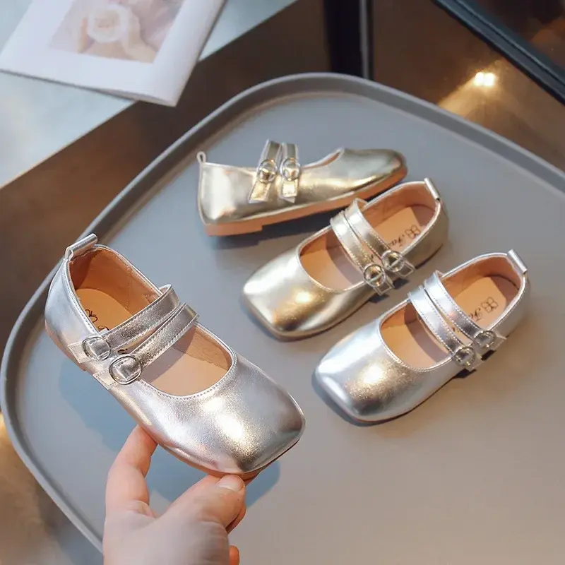 Children's Leather Shoes Spring Autumn Fashion Kids Performance Shoes Solid Color Gold Silver Girls Causal Flats Single Shoes