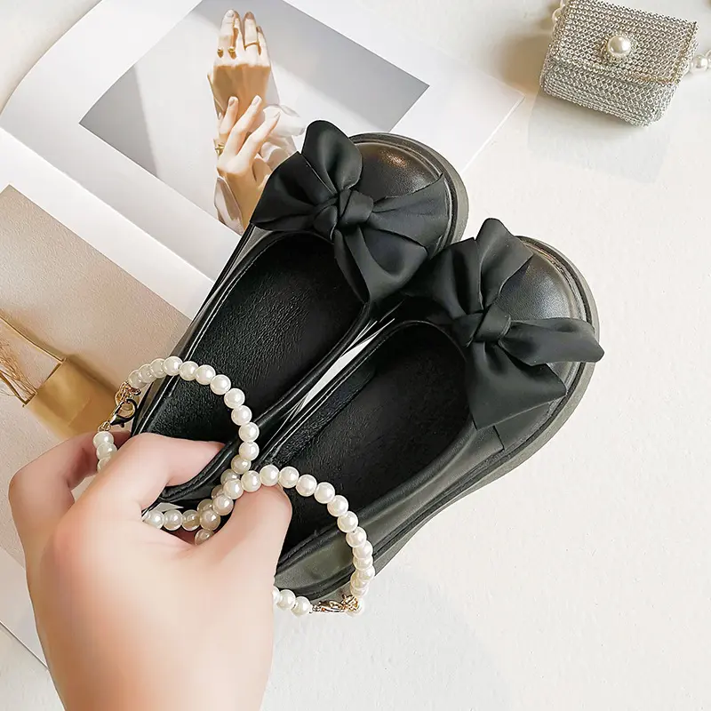 Girls Leather Shoes for Wedding Party 2025 Early Autumn Brand New Kids Flats Pearls Ankle Strap Chic Sweet Princess School Shoes