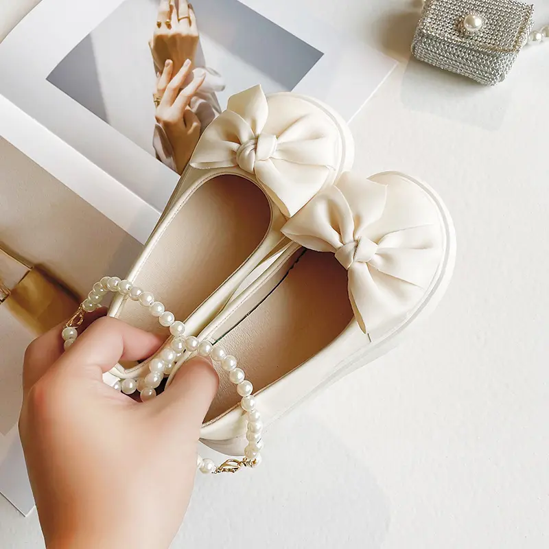 Girls Leather Shoes for Wedding Party 2025 Early Autumn Brand New Kids Flats Pearls Ankle Strap Chic Sweet Princess School Shoes