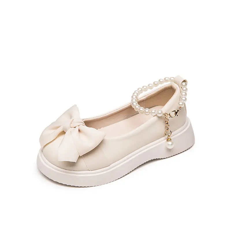 Girls Leather Shoes for Wedding Party 2025 Early Autumn Brand New Kids Flats Pearls Ankle Strap Chic Sweet Princess School Shoes