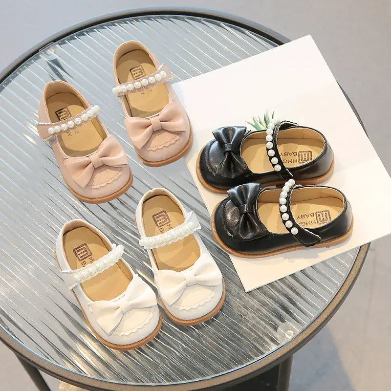 Children's Leather Shoes Kids Casual Shoes for Toddlers Little Girls Infants Shoes 2024 Spring Autumn New Princess Pearls Bowtie