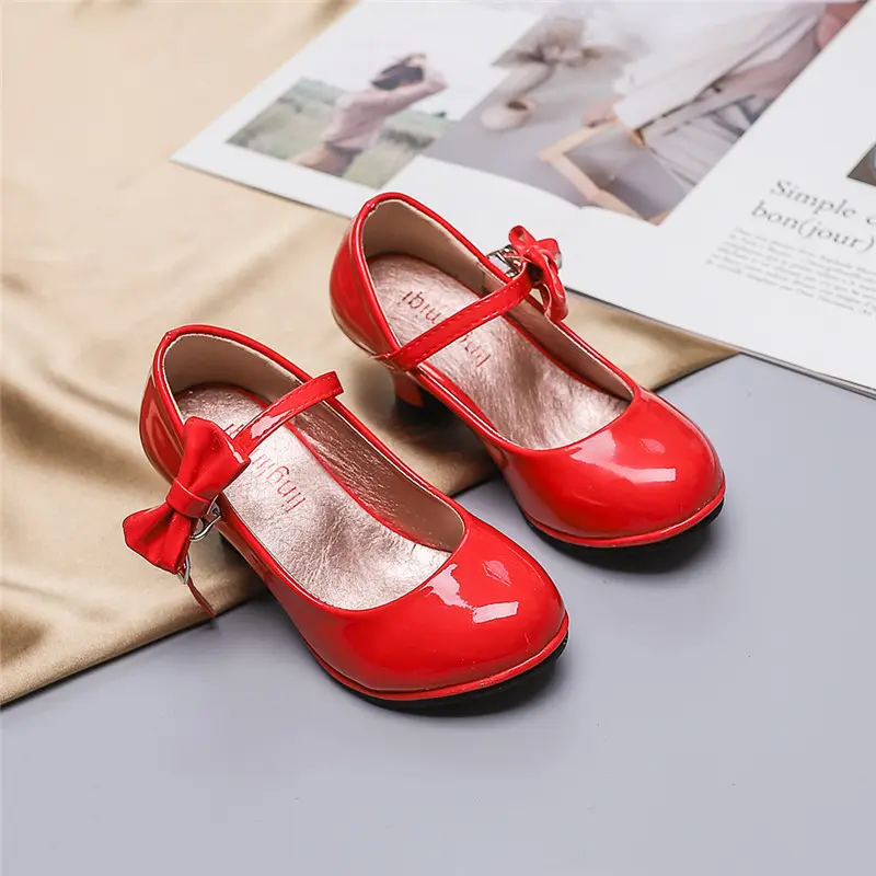 Children High Heels Spring Autumn Princess Shoes for Girls Solid Color Bowtie Kids Leather Shoe Party Wedding Fashion Versatile