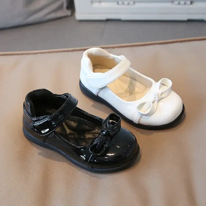 2025 New Kids Leather Shoes Black Uniform School Shoes Bow-knot Shallow Mary Janes Glossy Children Fashion Girls Casual Flats