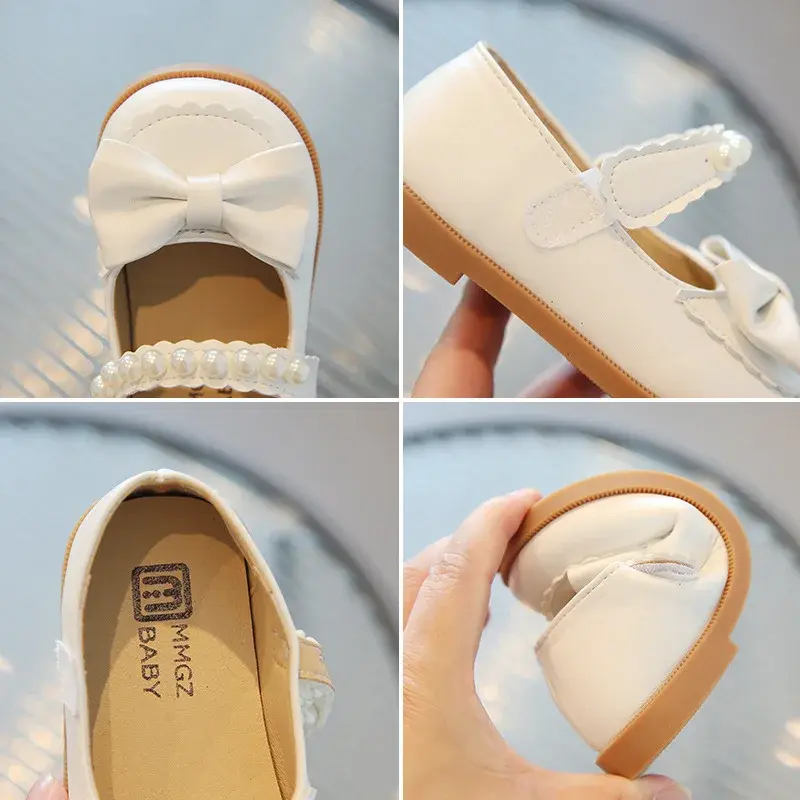 Children's Leather Shoes Kids Casual Shoes for Toddlers Little Girls Infants Shoes 2024 Spring Autumn New Princess Pearls Bowtie