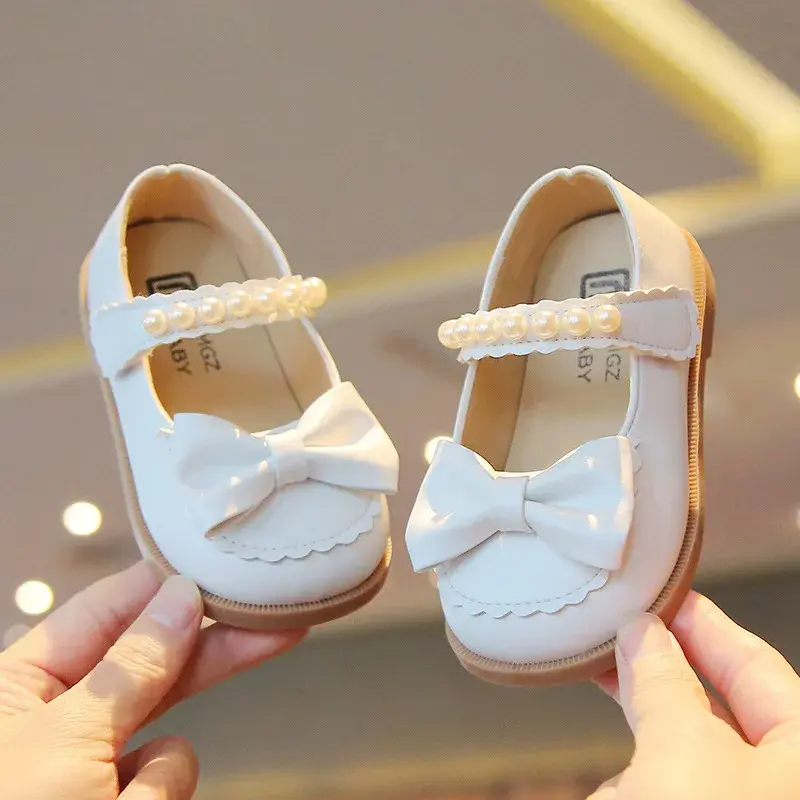 Children's Leather Shoes Kids Casual Shoes for Toddlers Little Girls Infants Shoes 2024 Spring Autumn New Princess Pearls Bowtie
