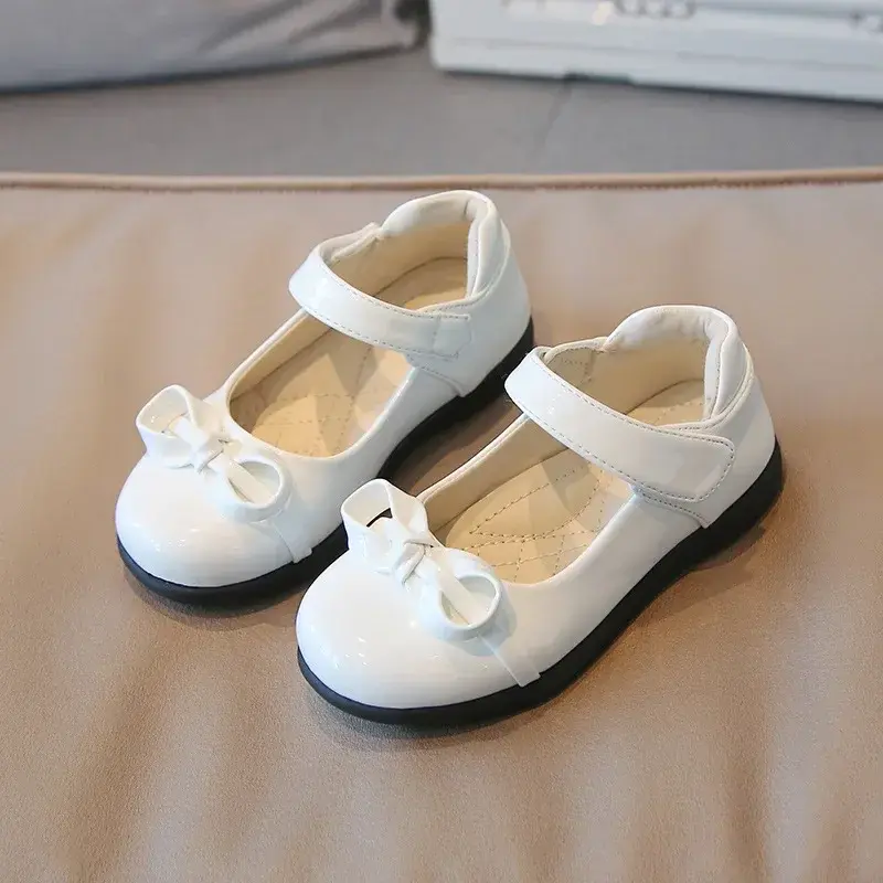 2025 New Kids Leather Shoes Black Uniform School Shoes Bow-knot Shallow Mary Janes Glossy Children Fashion Girls Casual Flats