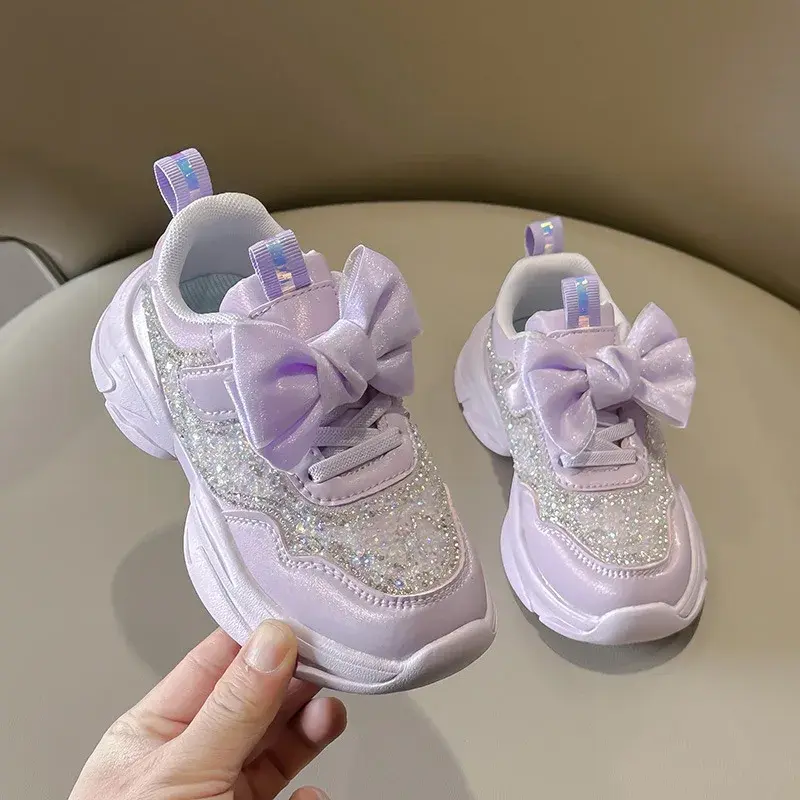 Children Sneakers for Girls Rhinestones Bow 2024 Spring Autumn New Soft Boys Running Sport Shoes Hook & Loop Breathable Simple