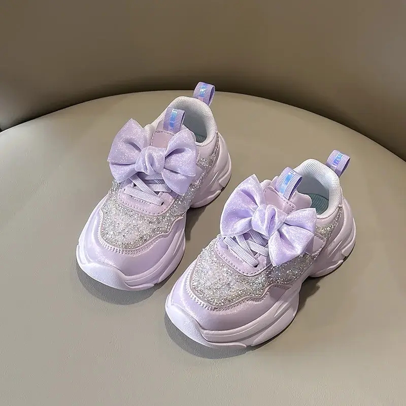 Children Sneakers for Girls Rhinestones Bow 2024 Spring Autumn New Soft Boys Running Sport Shoes Hook & Loop Breathable Simple