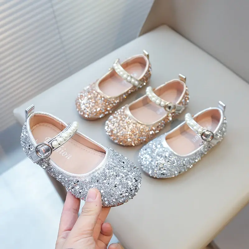 Kids Leather Shoes for Girls Glitter Rhinestone Children Crystal Shoes Girls Dress Flats for Wedding Party Pearls Beading Bling