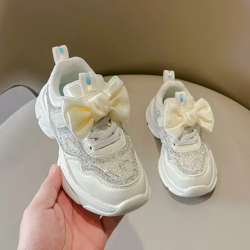 Children Sneakers for Girls Rhinestones Bow 2024 Spring Autumn New Soft Boys Running Sport Shoes Hook & Loop Breathable Simple