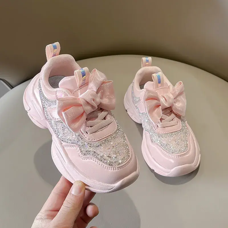 Children Sneakers for Girls Rhinestones Bow 2024 Spring Autumn New Soft Boys Running Sport Shoes Hook & Loop Breathable Simple