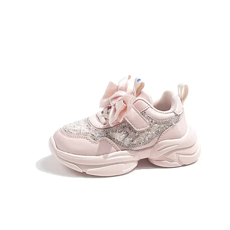 Children Sneakers for Girls Rhinestones Bow 2024 Spring Autumn New Soft Boys Running Sport Shoes Hook & Loop Breathable Simple